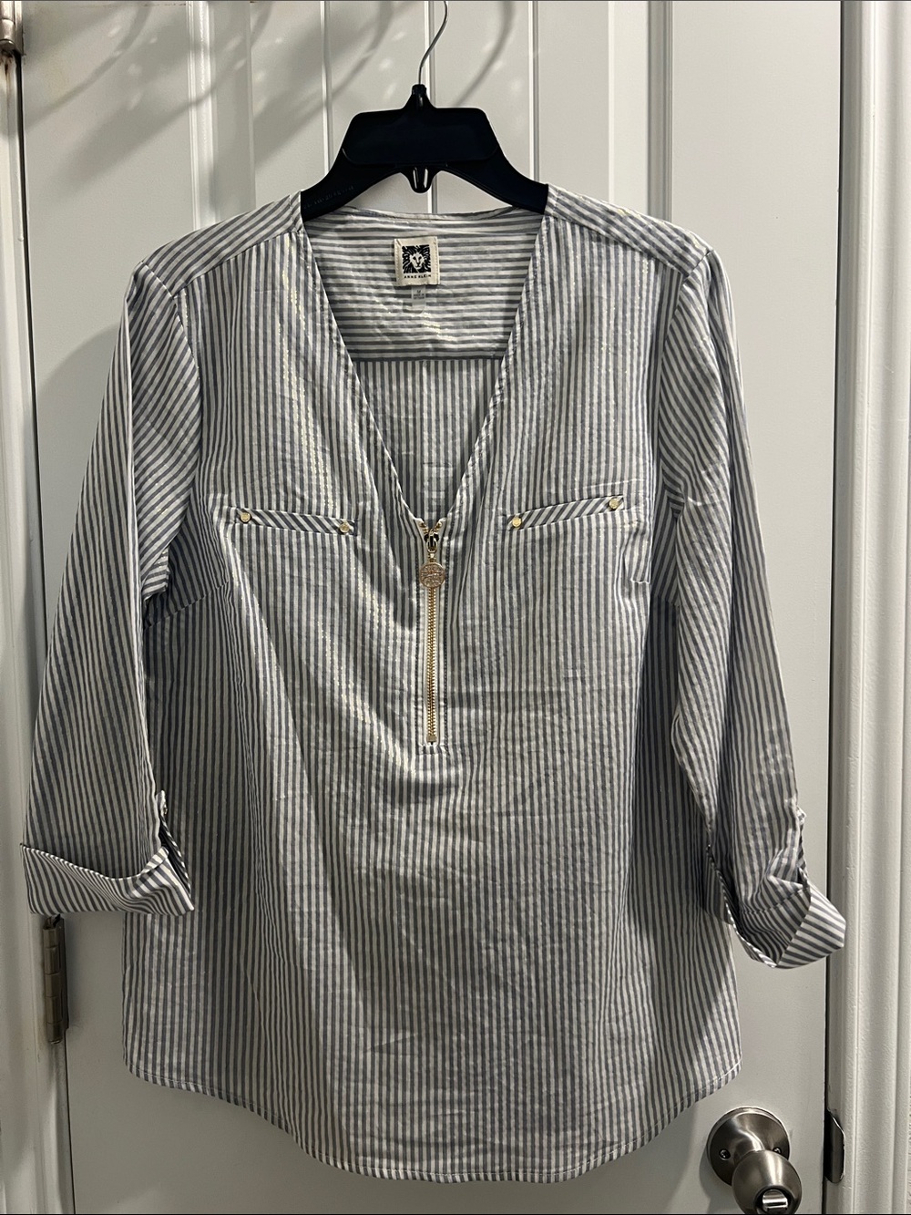 Anne Klein Gray and White Striped Button-Front Shirt with Gold Zipper